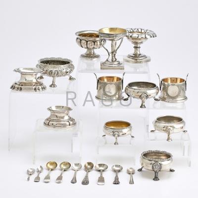 Appraisal: GROUP OF SILVER SALT CELLARS AND SPOONS Twelve English American