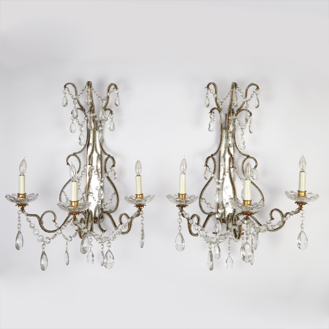 Appraisal: Pair of Cut Glass Three-Light Wall Lights Each electrified the