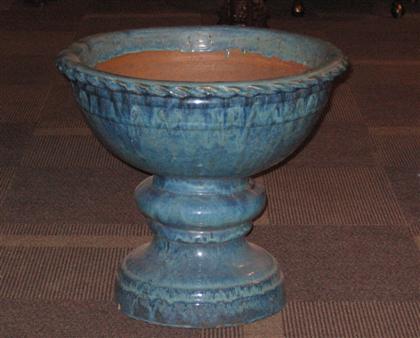 Appraisal: French blue glazed pedestal jardiniereWith rope banded rim above the