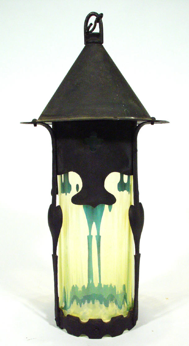 Appraisal: Libertys style Art Nouveau hanging lantern with Vaseline glass shade