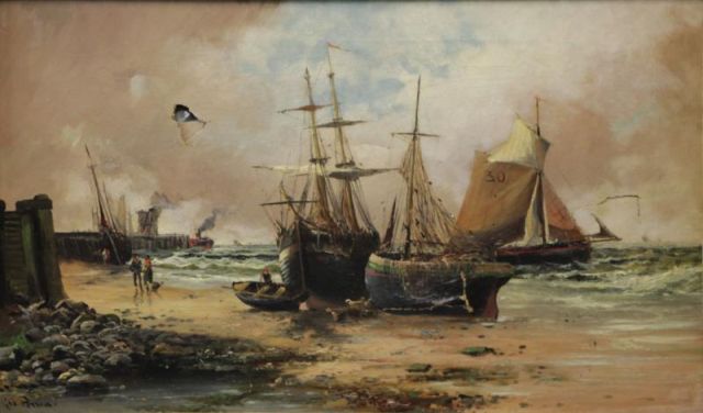 Appraisal: PERRIN George Oil on Canvas Ships at Shore Signed lower