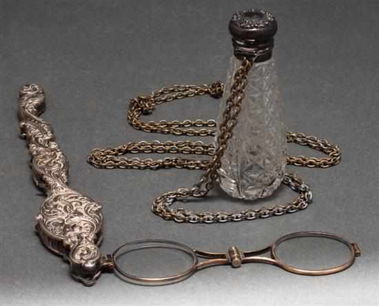 Appraisal: American rococo style sterling silver lorgnette and silver-mounted perfume flask