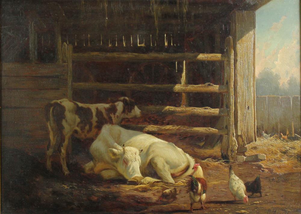 Appraisal: PETER MORAN AMERICAN - COWS IN A BARN Oil on