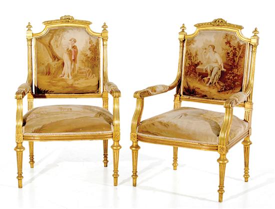 Appraisal: Pair Louis XVI style carved giltwood and Aubusson tapestry fauteuils