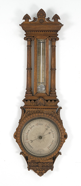 Appraisal: TH CENTURY EUROPEAN WALL-MOUNTED BAROMETER In walnut case with floral-carved