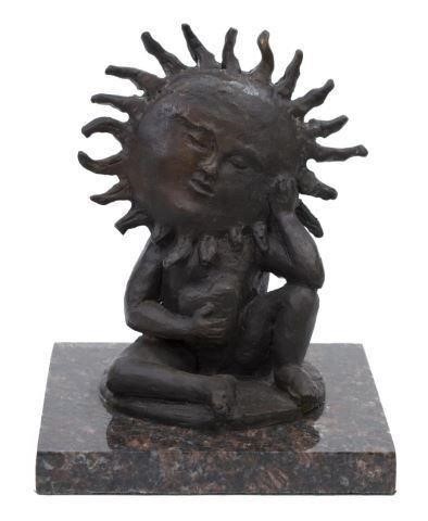 Appraisal: Patinated bronze sculpture Seated Sunface Figure with Heart signed on