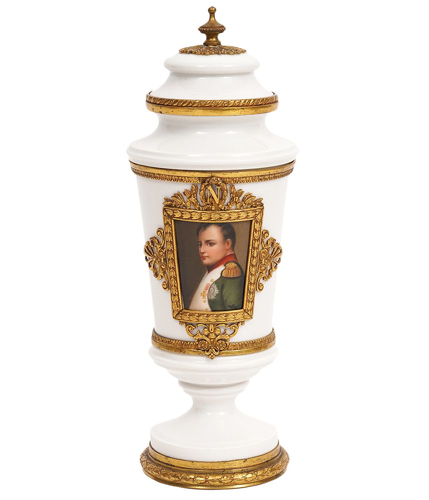 Appraisal: Napoleon Gilt Bronze Mounted Lidded Urn White porcelain gilt bronze