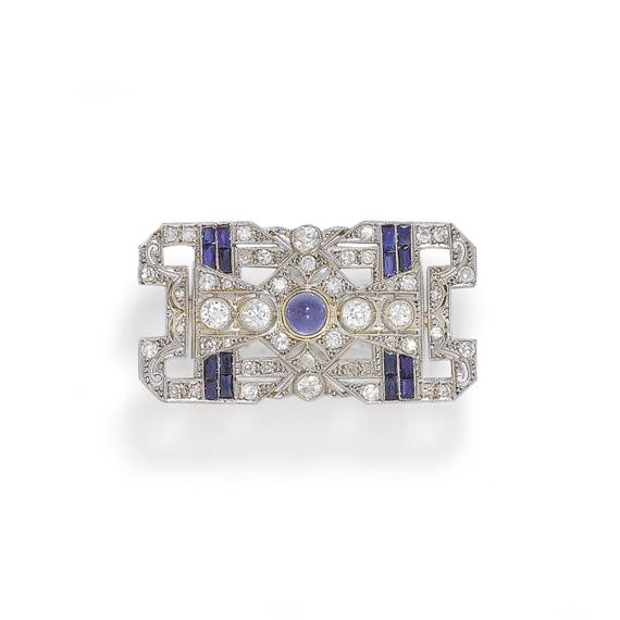 Appraisal: SAPPHIRE AND DIAMOND BROOCH ca Platinum over yellow gold Very