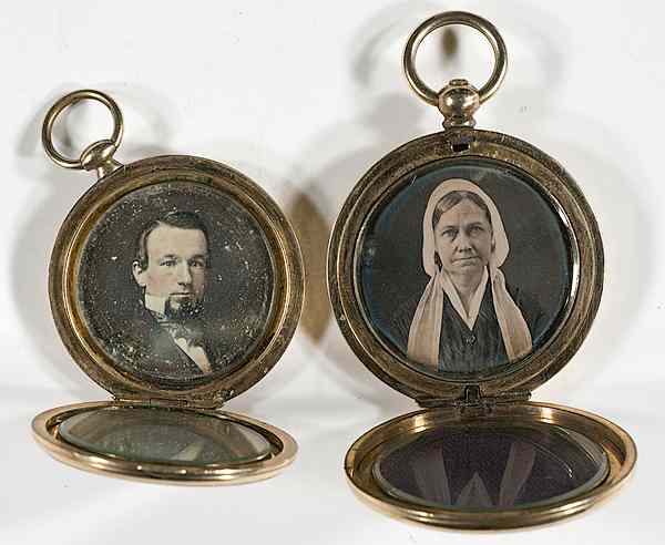 Appraisal: Daguerreian Jewelry Two Daguerreian Double-Sided Lockets Including Husband Wife Portraits