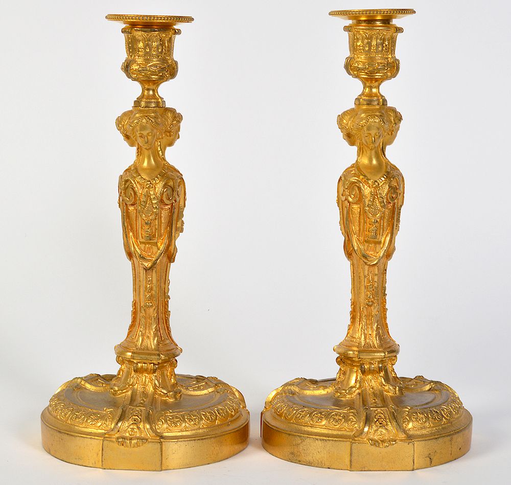 Appraisal: Pr Gilded Chiselled Bronze Candlesticks Gilded bronze candlesticks with fluted