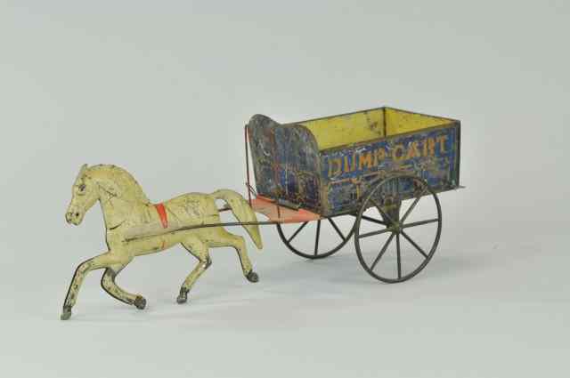 Appraisal: HORSE DRAWN DUMP CART Early American painted tin solo horse