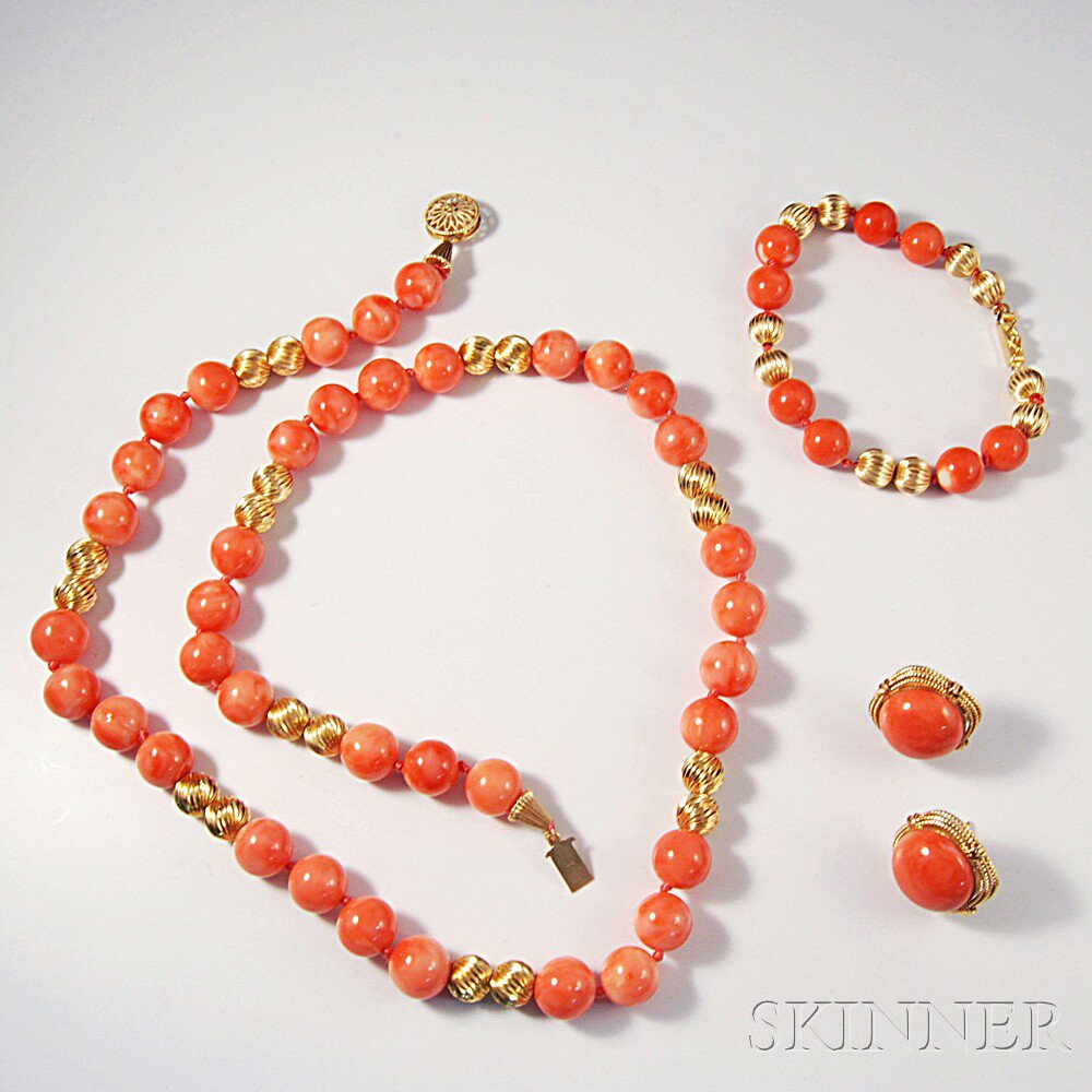 Appraisal: Coral and Gold Jewelry Suite a coral and kt gold