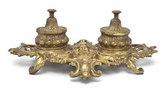 Appraisal: A Gilt Bronze Rococo Style Desk Set having two encriers