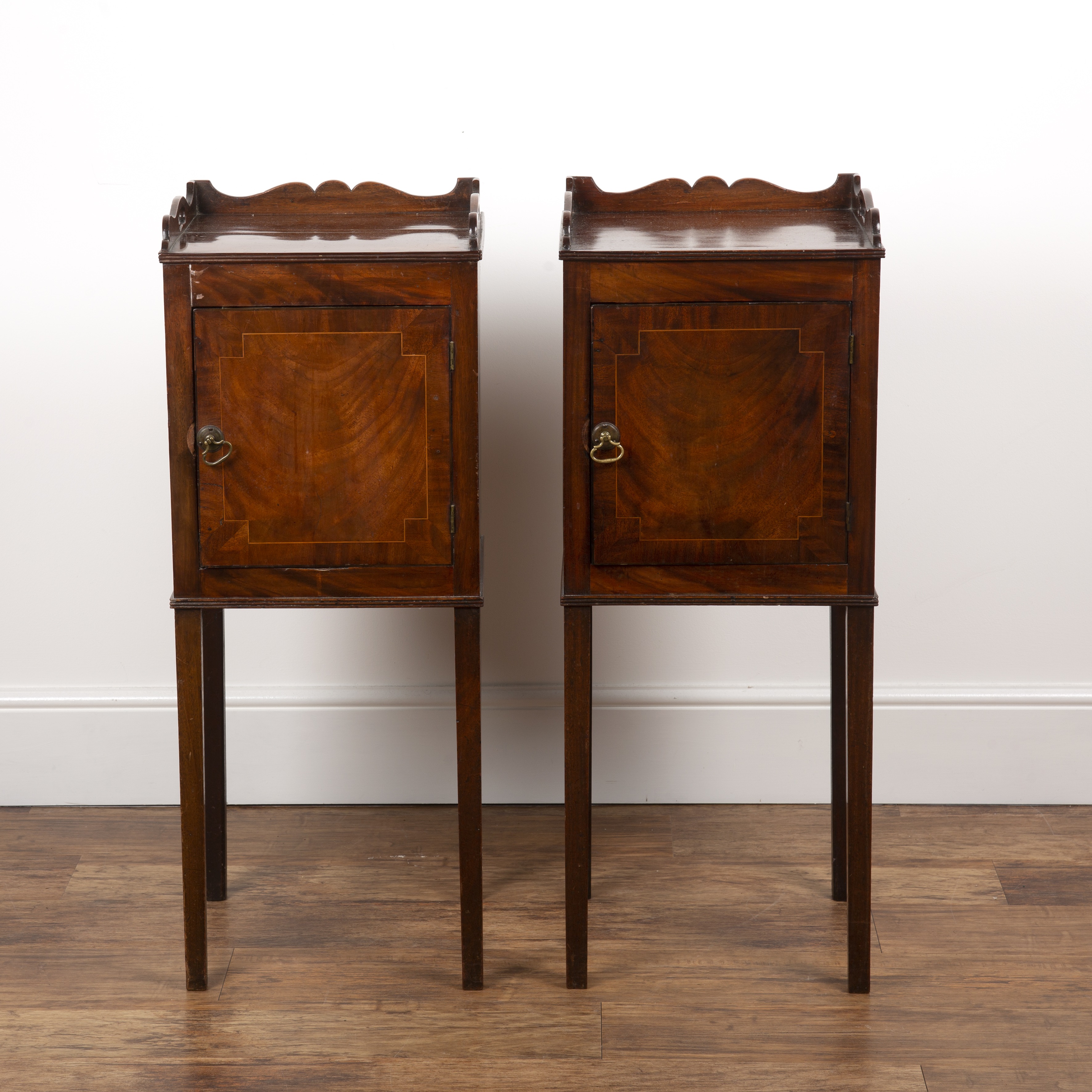 Appraisal: Pair of mahogany and inlaid tray top bedside cupboards th