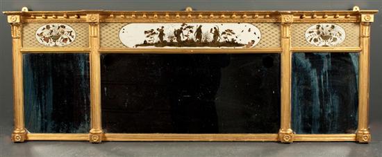 Appraisal: Federal carved giltwood and eglomise three-part overmantel mirror first quarter-