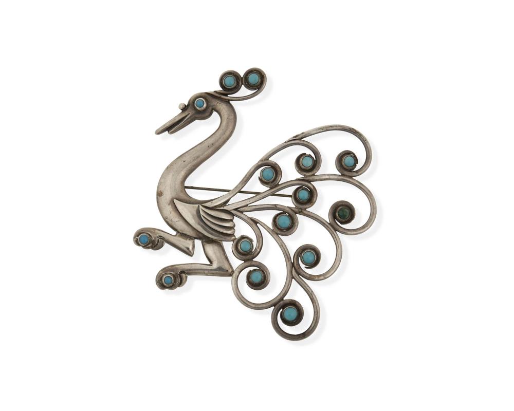 Appraisal: A H ctor Aguilar silver and turquoise peacock brooch or