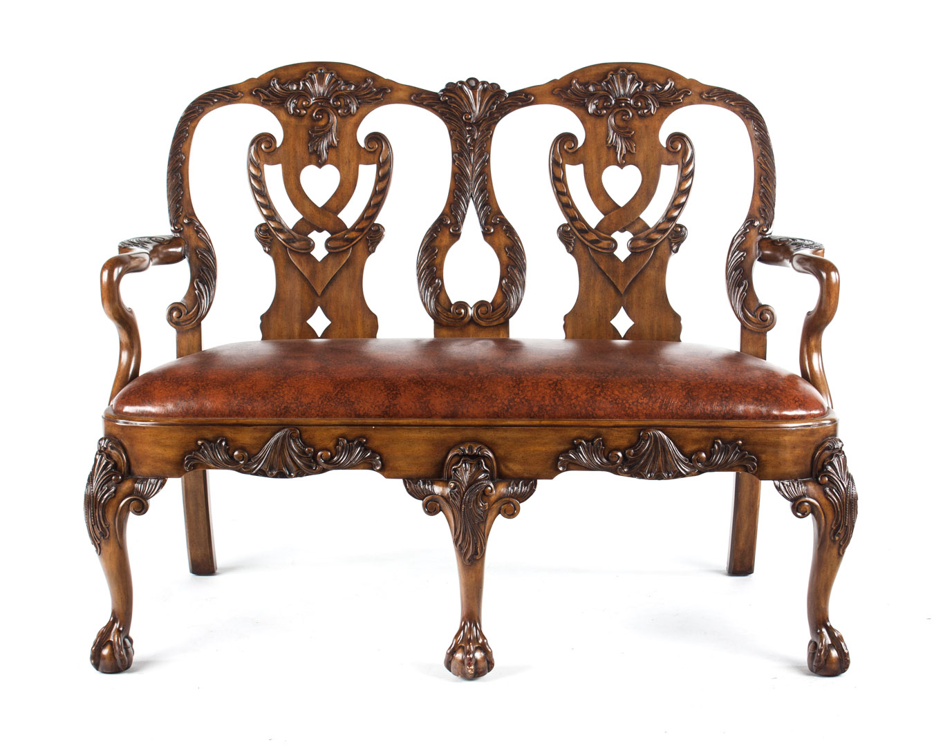 Appraisal: Chippendale style carved upholstered settee serpentine crest rail double chair