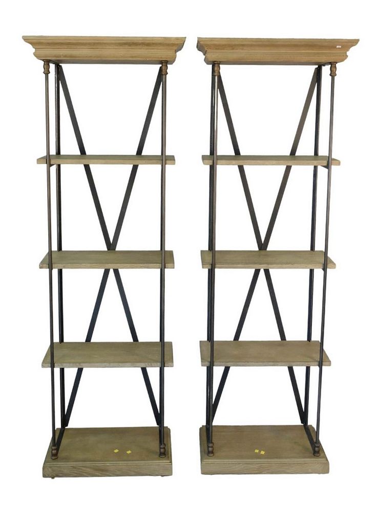 Appraisal: Pair Restoration Hardware Contemporary Iron and Oak Etageres height inches