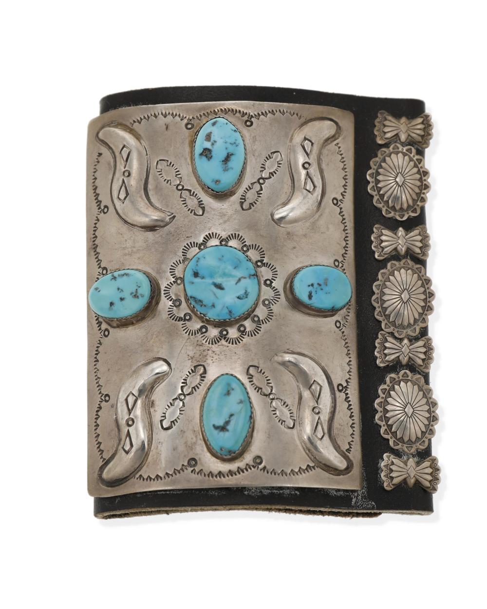 Appraisal: A Navajo silver and turquoise ketoh arm guard Second-Half th