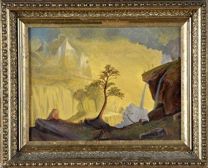 Appraisal: American School th C Landscape with Waterfall Oil on academy