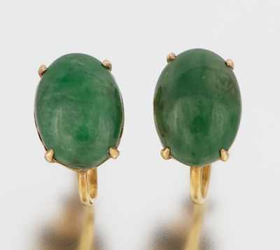 Appraisal: A Pair of Green Jade Earrings k yellow gold earrings