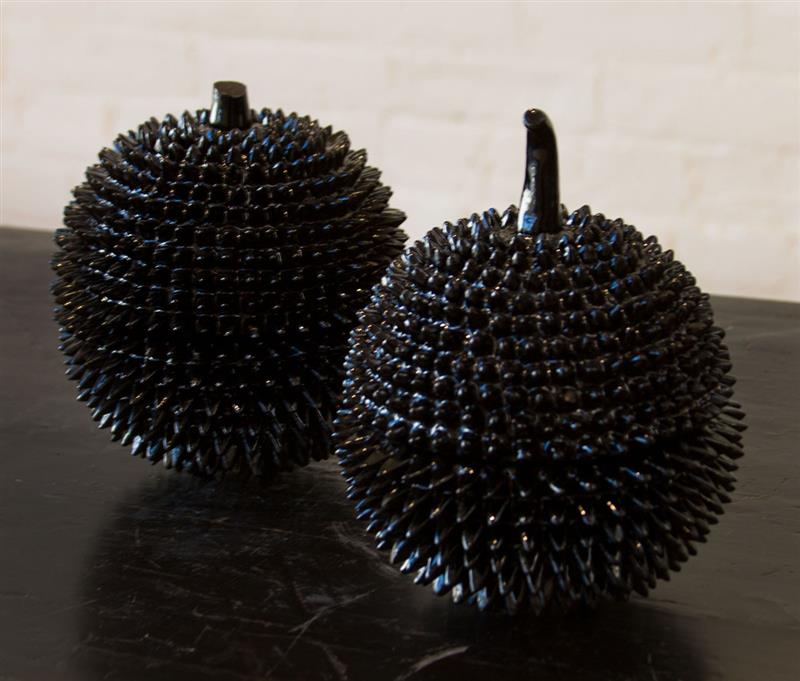 Appraisal: TWO BLACK LACQUERED SPIKED-FRUIT FORM BOXES AND COVERS x in