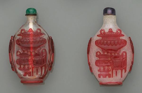 Appraisal: Two red overlay decorated glass snuff bottles Late Qing Dynasty