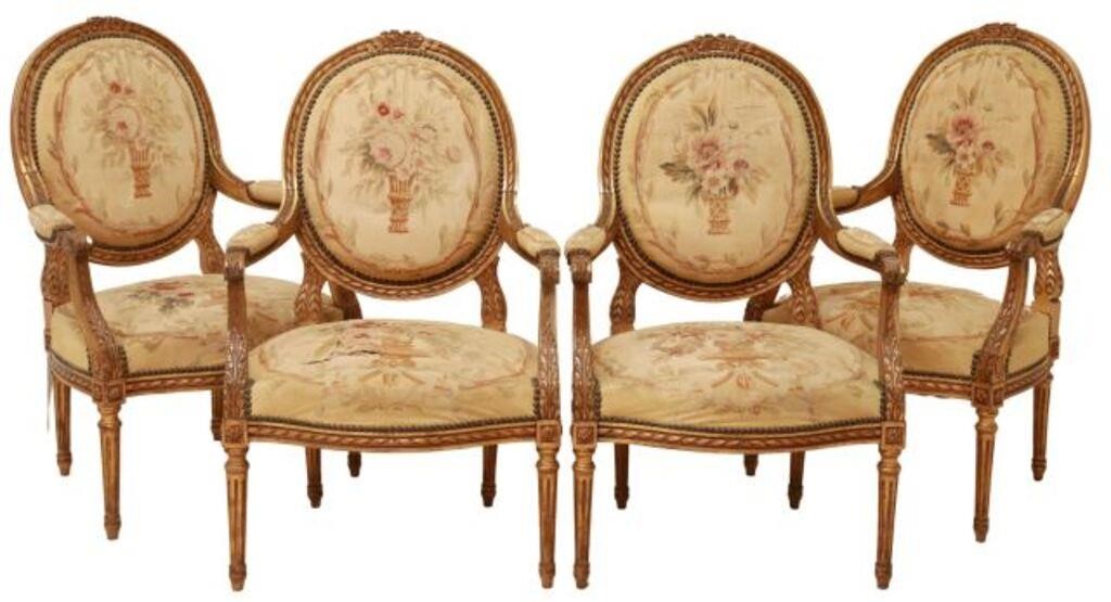 Appraisal: lot of French Louis XVI style giltwood salon armchairs late