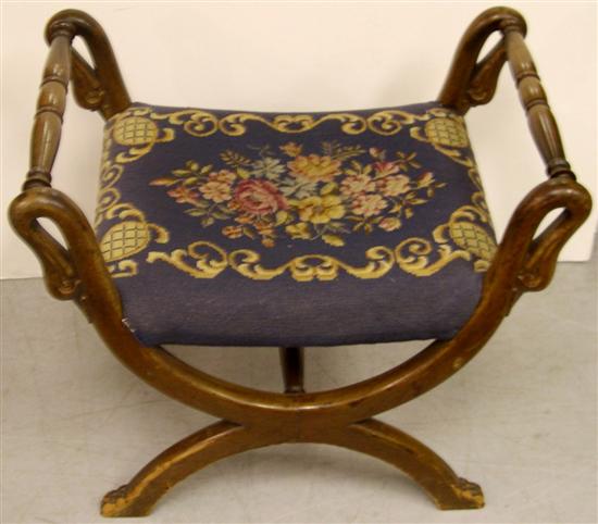 Appraisal: Needlepoint seat bench carved swan ends paw feet loss of