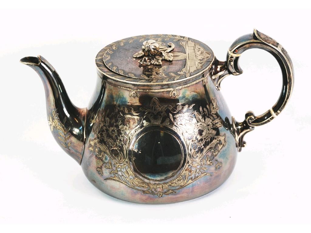 Appraisal: VICTORIAN ELECTROPLATED ENGRAVED CIRCULAR TEAPOT the flat flush hinged lid