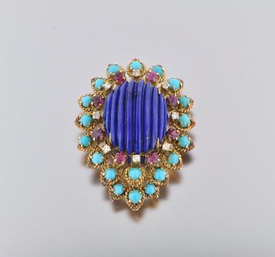 Appraisal: Carved Lapis Turquoise Diamond and Pink Sapphire Brooch k yellow