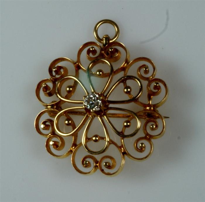 Appraisal: Unmarked YG filigree pin with diamond dwt Estimate -