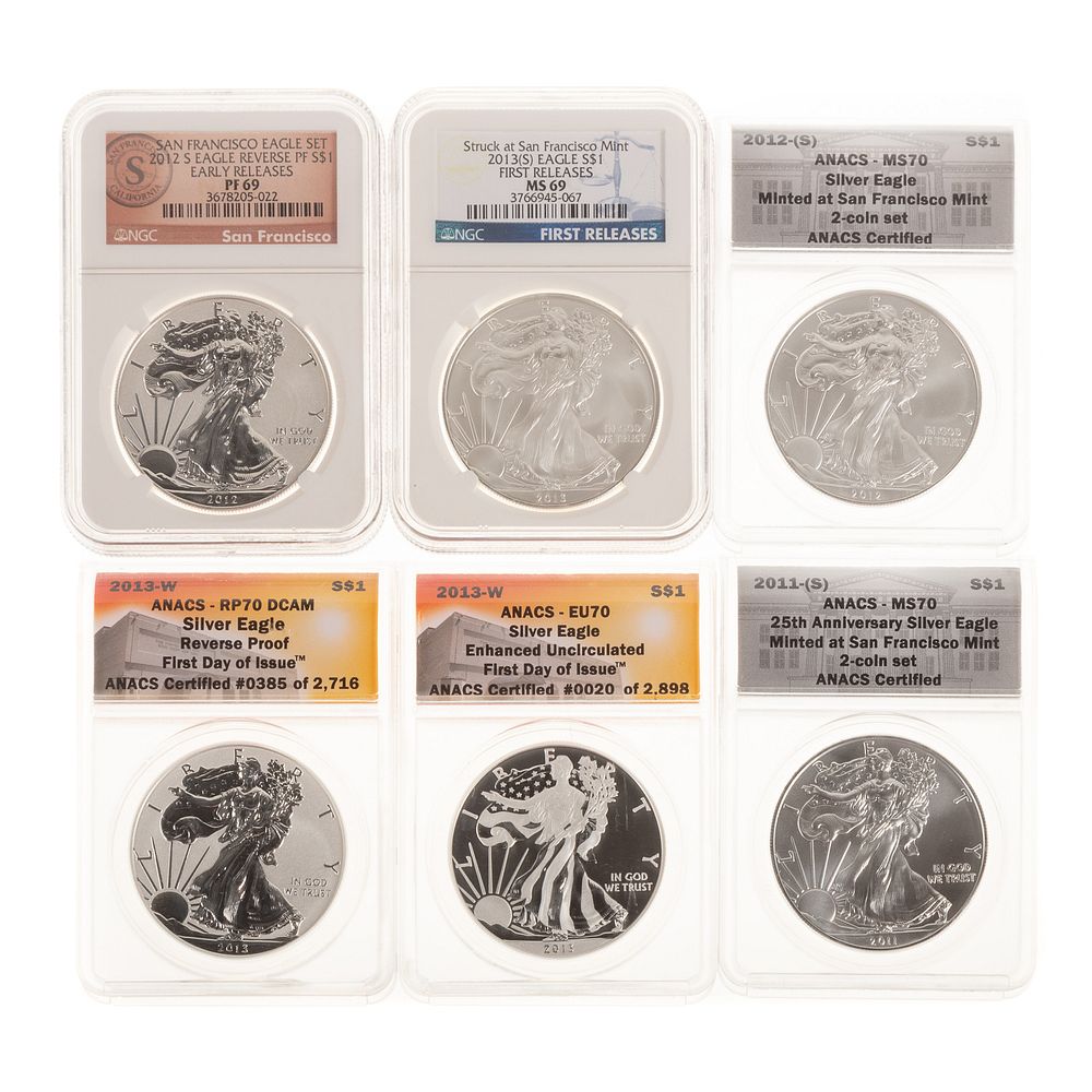 Appraisal: Six Graded Silver Eagles - -S coin set th Anniversary