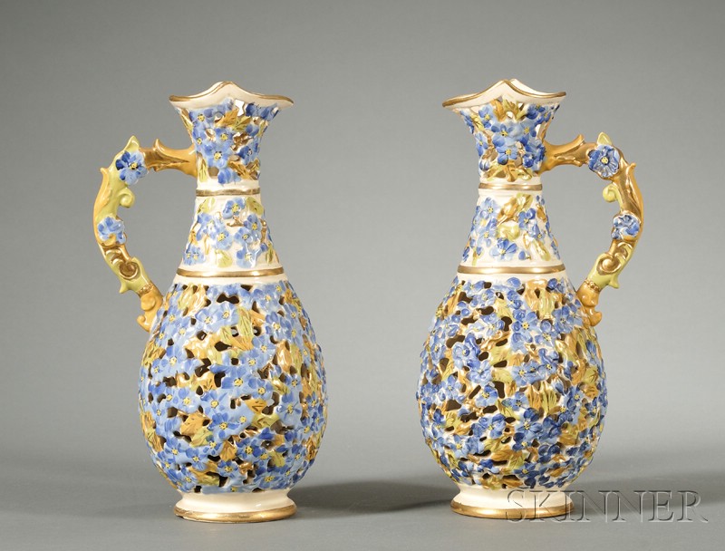 Appraisal: Pair of Decorative Hungarian Earthenware Mantel Ewers Fischer Budapest early