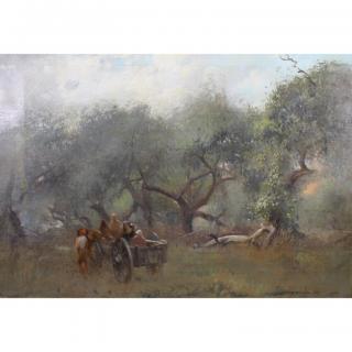 Appraisal: Signed th C Carriage w figures in forest Signed th