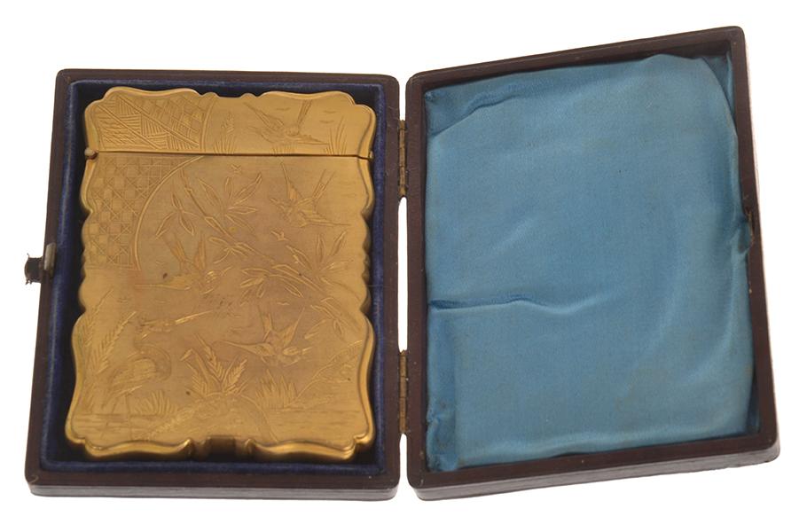 Appraisal: LEATHER CASED GILT METAL CHINOSSERIE CARD CASE