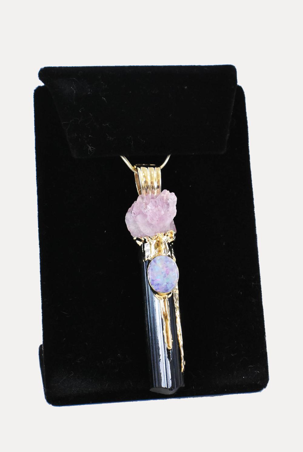 Appraisal: CONTEMPORARY KT GOLD OPAL AMETHYST AND JETPendant Length in