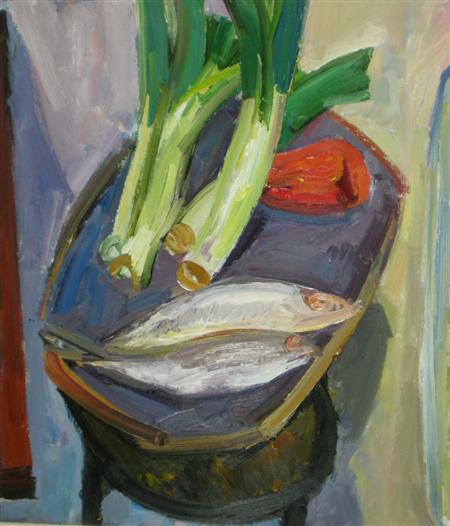 Appraisal: JENNIFER WOOD SCOTTISH CONTEMPORARY STILL LIFE FISH AND LEEKS Oil