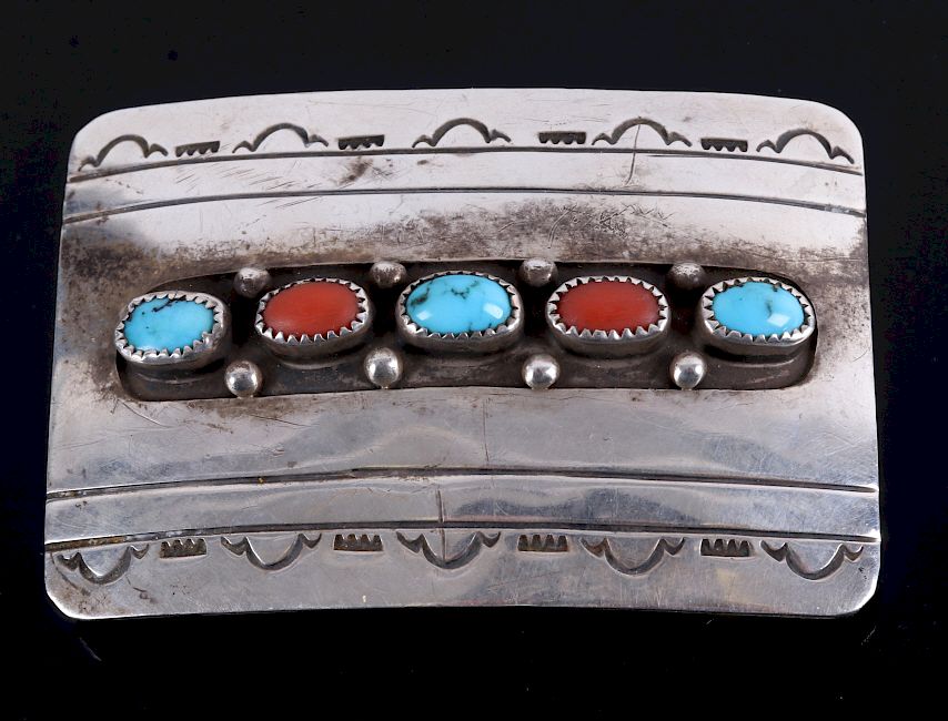 Appraisal: Signed Navajo Turquoise Coral Belt Buckle For your consideration is