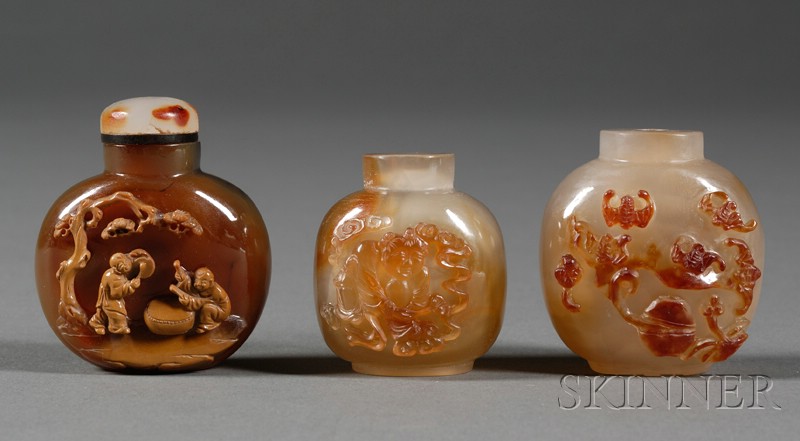 Appraisal: Three Shadow Agate Snuff Bottles carving of five bats two