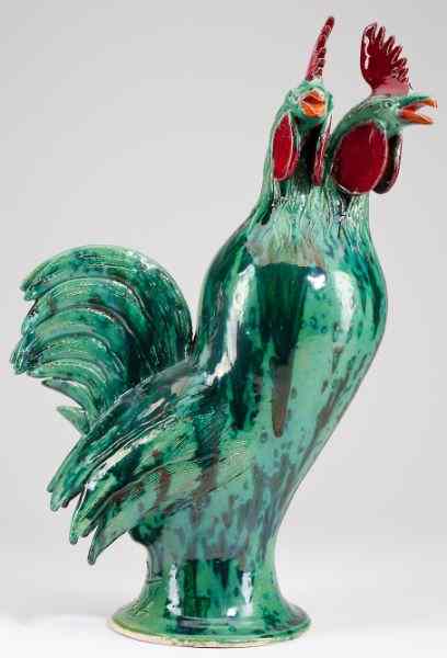 Appraisal: Georgia Folk Pottery Charlie West Roostertwo-headed form polychrome glazed inscribed