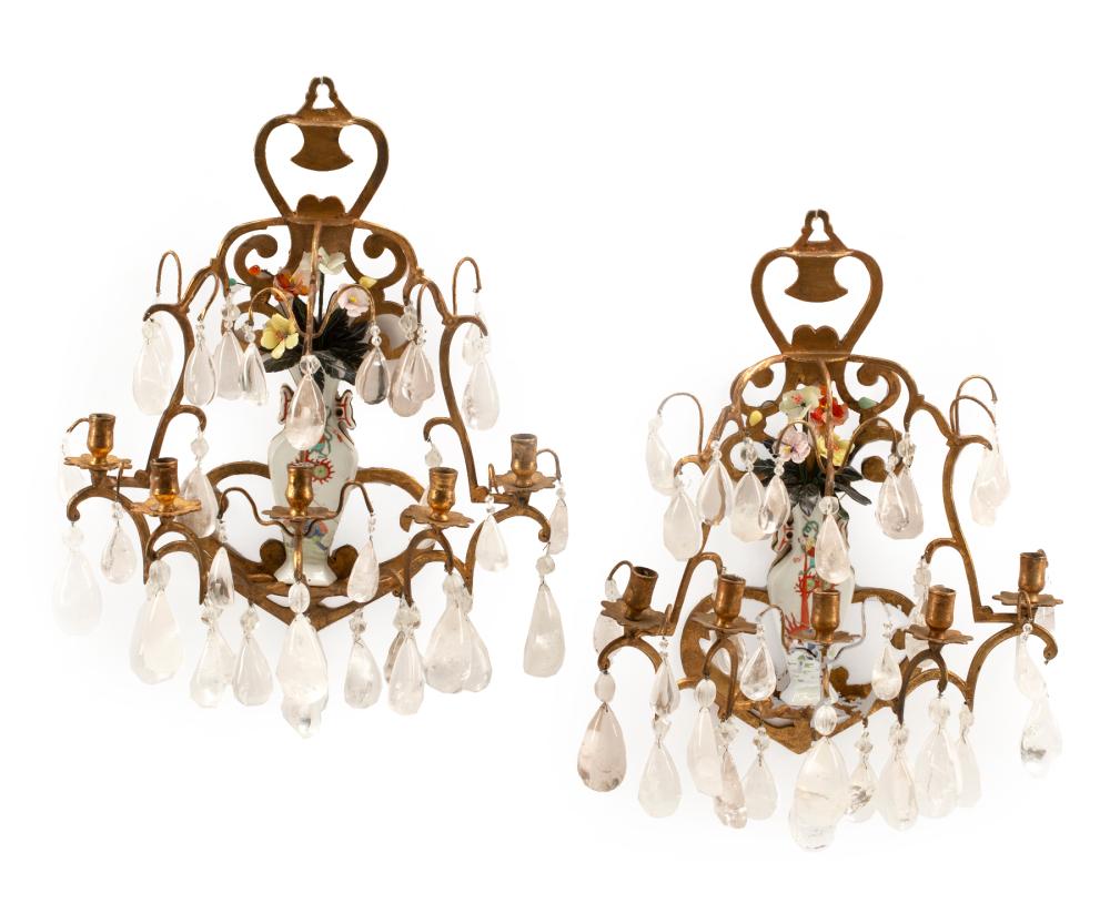 Appraisal: Pair of French Bronze-Mounted Rock Crystal and Porcelain Five-Light Wall