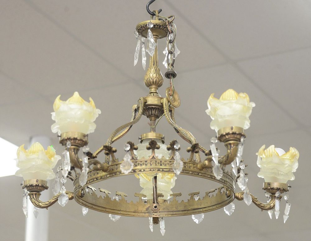 Appraisal: Six Light Brass and Glass Chandelier with frosted glass shades