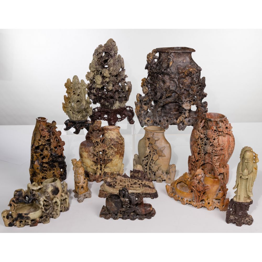 Appraisal: CHINESE STONE CARVING ASSORTMENT items including vases having floral landscape