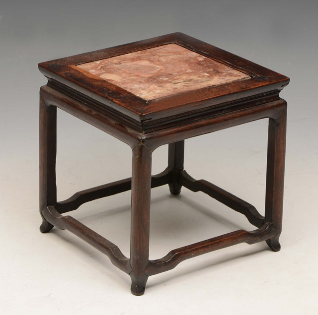 Appraisal: A CHINESE HARDWOOD SQUARE SMALL VASE STAND with inset rose