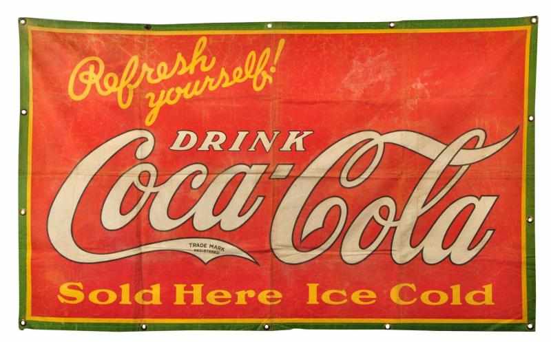 Appraisal: s Light Canvas Coca-Cola Banner Description Difficult to find in