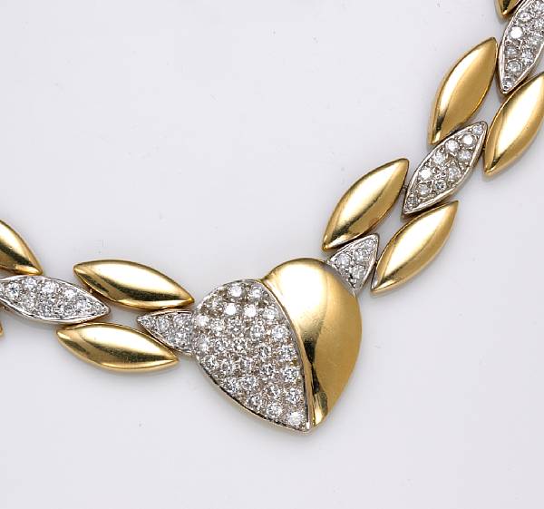 Appraisal: A diamond and fourteen karat bicolor gold link necklace estimated