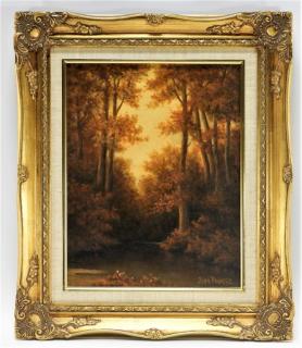 Appraisal: John Powers O C Illuminated Forest River Painting UNITED STATES