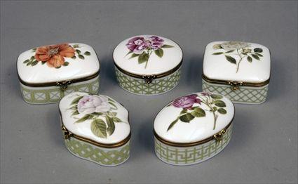 Appraisal: Set of Five Limoges Gilt-Brass Mounted Porcelain Botanical Boxes Made