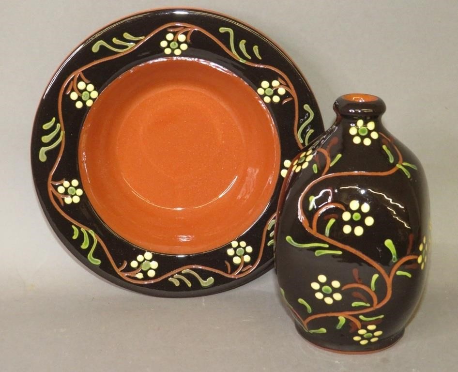 Appraisal: MORAVIAN STYLE REPRODUCTION REDWARE PIECES BY BRca both both wheel